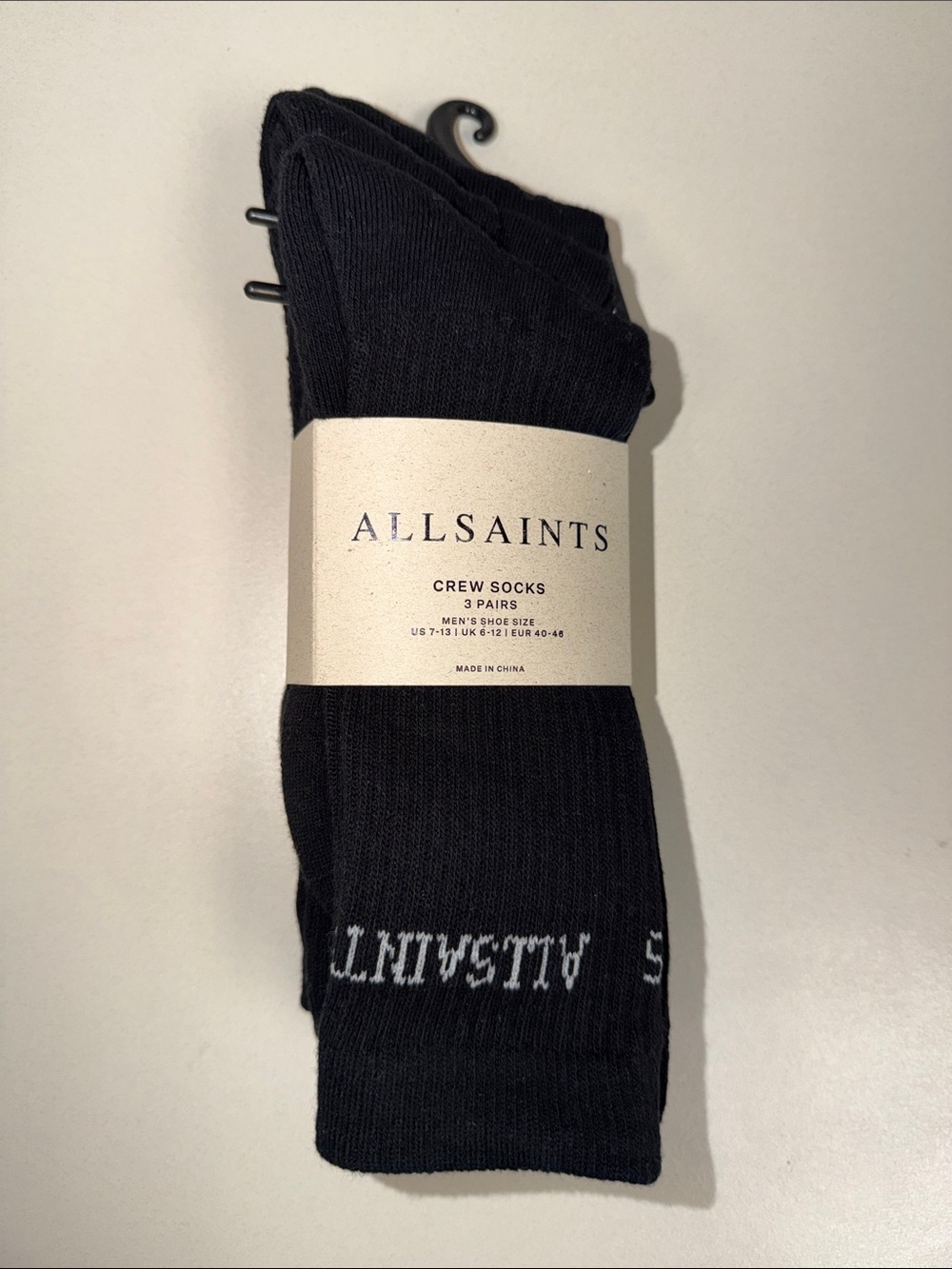 ALL SAINTS Men’s 3 Pack Black White Logo Cotton Blend Crew Socks